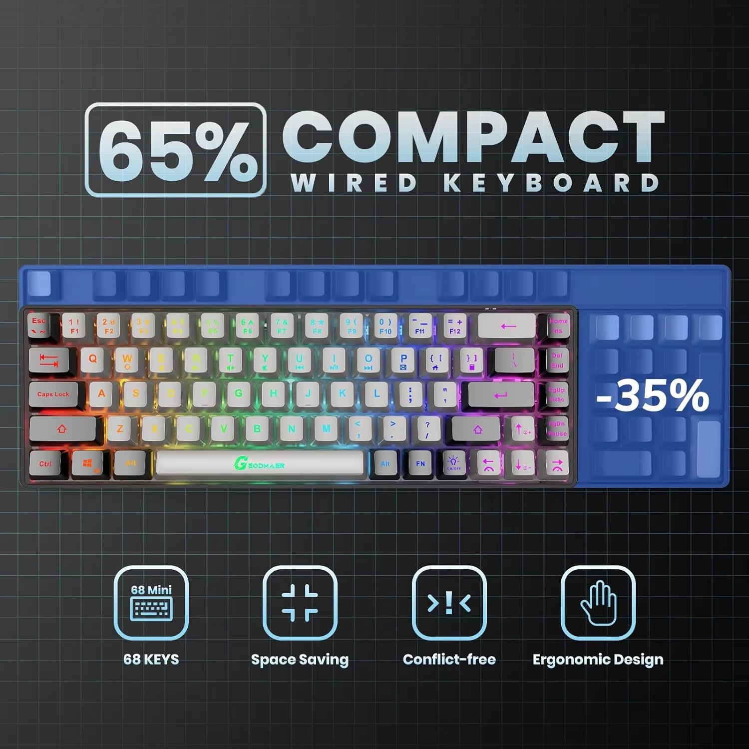 Gaming Keyboard, Wired Backlit Mini Keyboard, Ultra-Compact 68 Keys Membrane Gaming Wired Keyboard for PC Laptop Mac