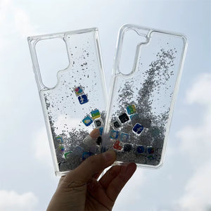 Cute App Icon Floating Glitter Liquid Bling Case Cover for Samsung S24 Ultra S23 plus S22 S21 Note 20 Quicksand Phone Coque