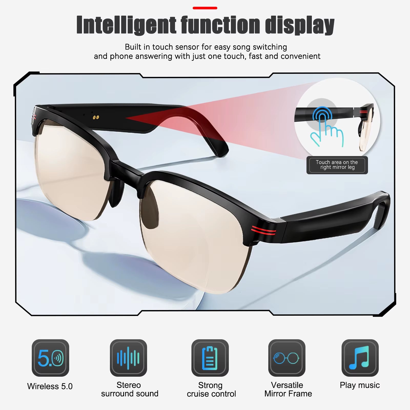 New GS200 Smart Glasses Wireless Call Music Playback Half Frame Sunglasses with Blue Light UV Protection IP67 Waterproof