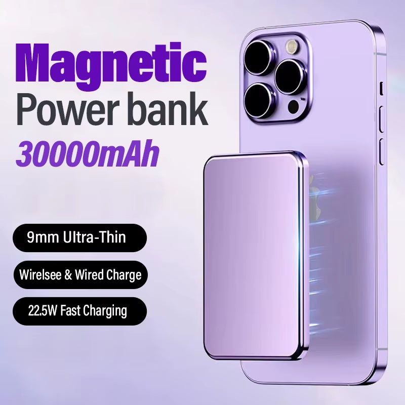 Magnetic 30000Mah Power Bank Wireless Portable Fast Charger Slim Metal Powerbank External Spare Battery for Iphone 15 14 Xiaomi