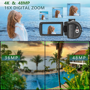 4K Video Camera 60Fps/48Mp UHD Video Recording Digital Camera Autofocus, 18X Digital Zoom Camera, 3 Inch Screen