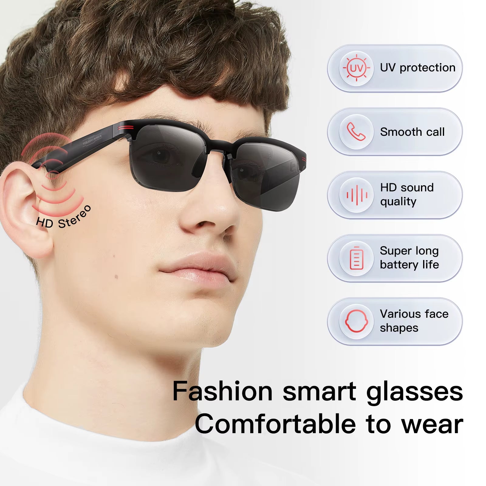 New GS200 Smart Glasses Wireless Call Music Playback Half Frame Sunglasses with Blue Light UV Protection IP67 Waterproof